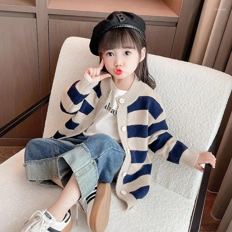 Jackets Baby Girls Knitted Long Cardigan Autumn Winter Child Girl Coat Kids Stripe Pattern Sweater Children Sleeve Jacket Jumper