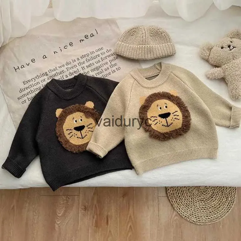 Pullover 2023 Winter Nieuwe baby schattige leeuwprint trui lange mouw pasgeboren peuter peuter lange mouw gebreide trui babyjongen cartoon gebreide top H240508