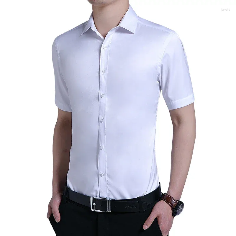 Men's Casual Shirts Summer Short Sleeve Men Fashion Slim Dress Shirt Mens Solid White Black Blouse Single Breasted Man