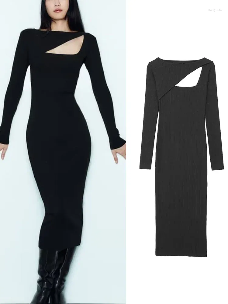 Casual Dresses Women's Elegant Black Dress Fashion Asymmetrical Split Design Lady Long Spring Autumn Vintage Sleeve Slim