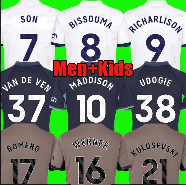 Maddison Son Werner 23 24 축구 유니폼 kulusevski Richarlison Kulusevski 2023 2024 Romero Veliz Ven Bissouma 축구 셔츠 탑 남자 아이들 세트