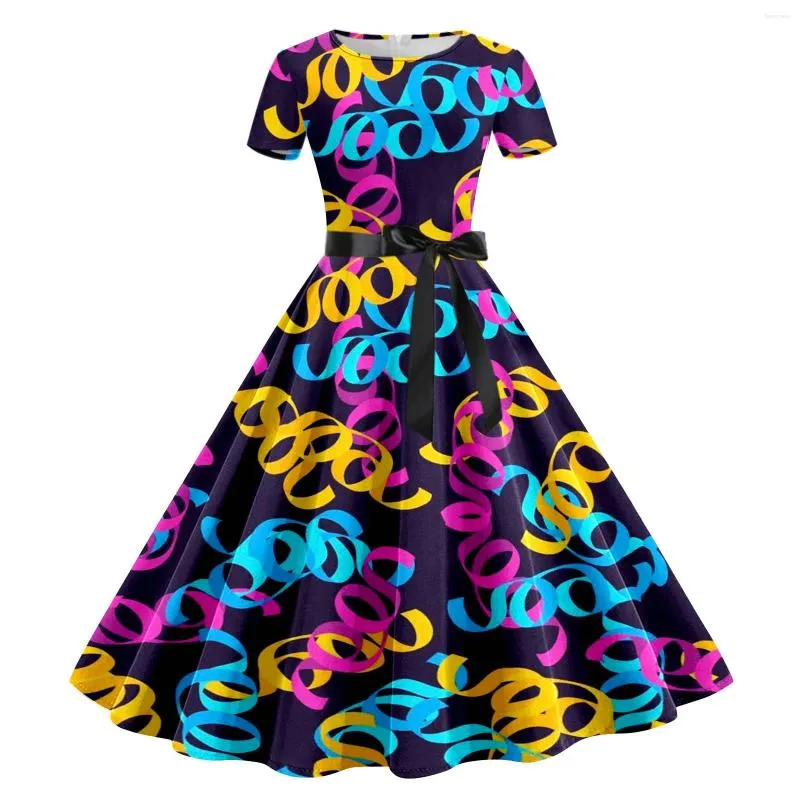 Casual Dresses Mardi Gras Fashion Printed Party Women's Short Sleeve Midjed Bow Tie Round Neck Pleated Dress