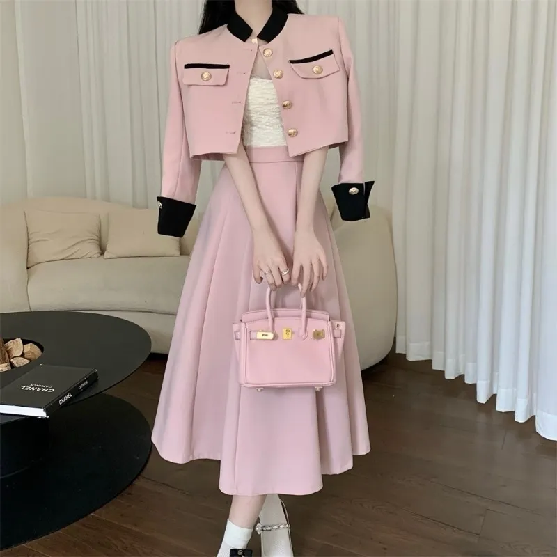 New Designer Autumn Two Piece Set Women Single Breasted Short Jacket Coat + High Waist Midi Aline Skirts Set Office Lady Elegant 240119