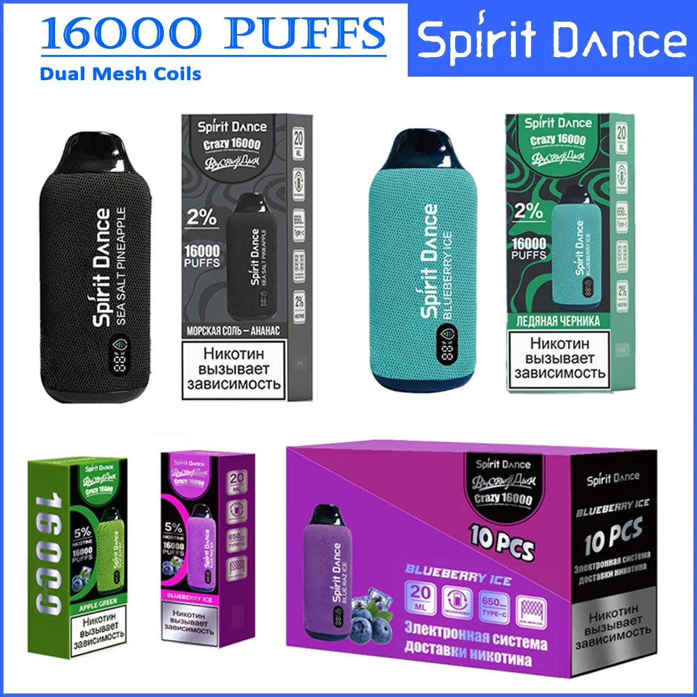 Original Spirit Dance 16000 Puffs 16K Vape Disposable 650mAh Type-C Laddning 20 ml Förfylld pod med batteri och ejuice Indiator 0% 2% 5% engångscigaretter