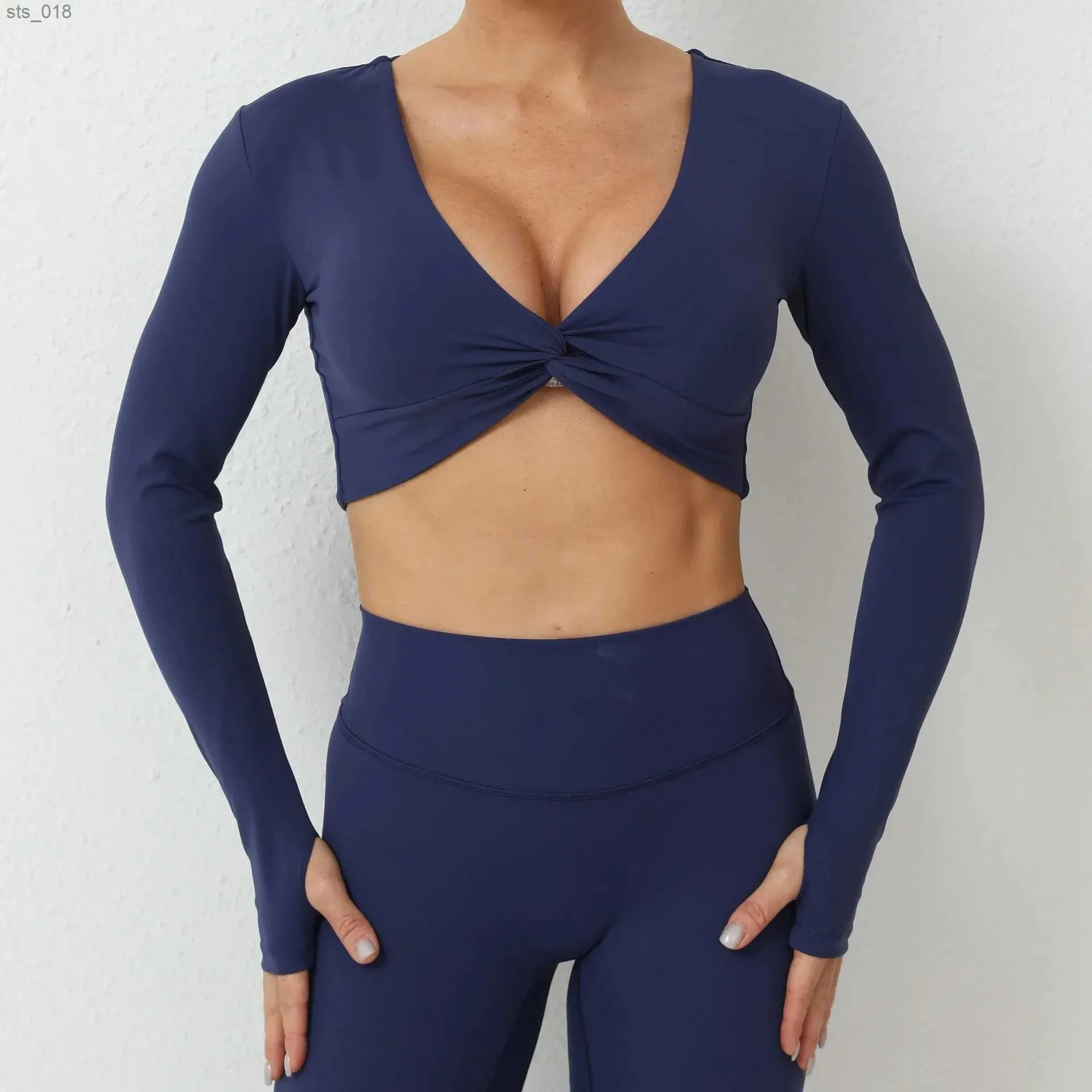 Yoga Kıyafetleri Lycra Spor Salonu Üstü Kadın Dolgu Spor Gömlek Kadın 2024 Uzun Kollu Üstler Kadınlar İçin Tişört Yoga Giyim mahsulü Üst Navyh24119