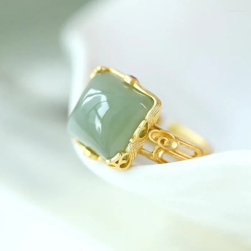 Cluster Rings Three-dimensional Design Natural Hetian Jade Square Open Ring Chinese Style Pattern Craft Light Luxury Women's Silver Jewelry