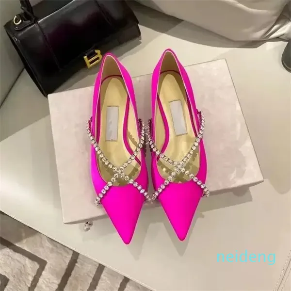 2024 women Sandals flat dress shoes Ballet Pointed-Toe Flats with Crystals Chain crystal-embellished leather EU35-42