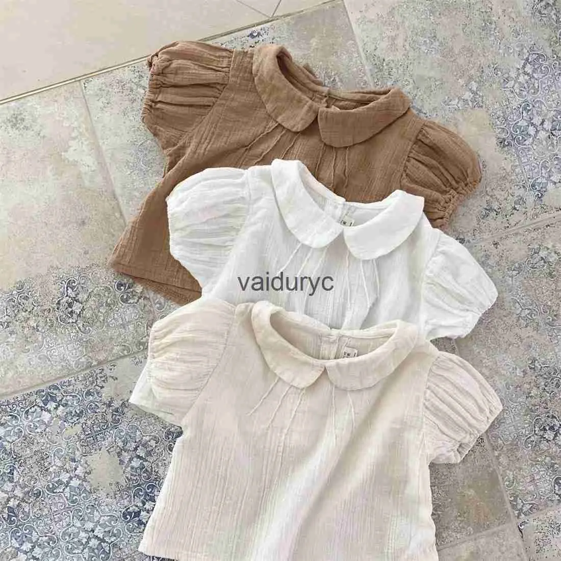 어린이 셔츠 2023 여름 새 여자 아기 솔리드 퍼프 슬리브 셔츠면 유아 짧은 슬리브 T 셔츠 유아 캐주얼 옷깃 셔츠 아이의 옷 h240508