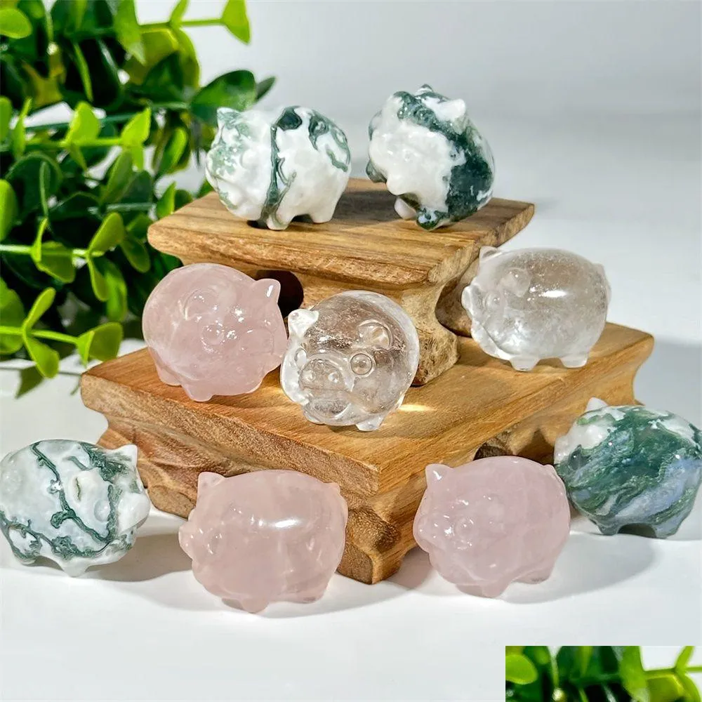 Artes y artesanías Adornos de piedra de cristal natural Tallado Animalia Cerdo Reiki Curación Cuarzo Mineral Piedras preciosas caídas Mano Decoración para el hogar DH2IV