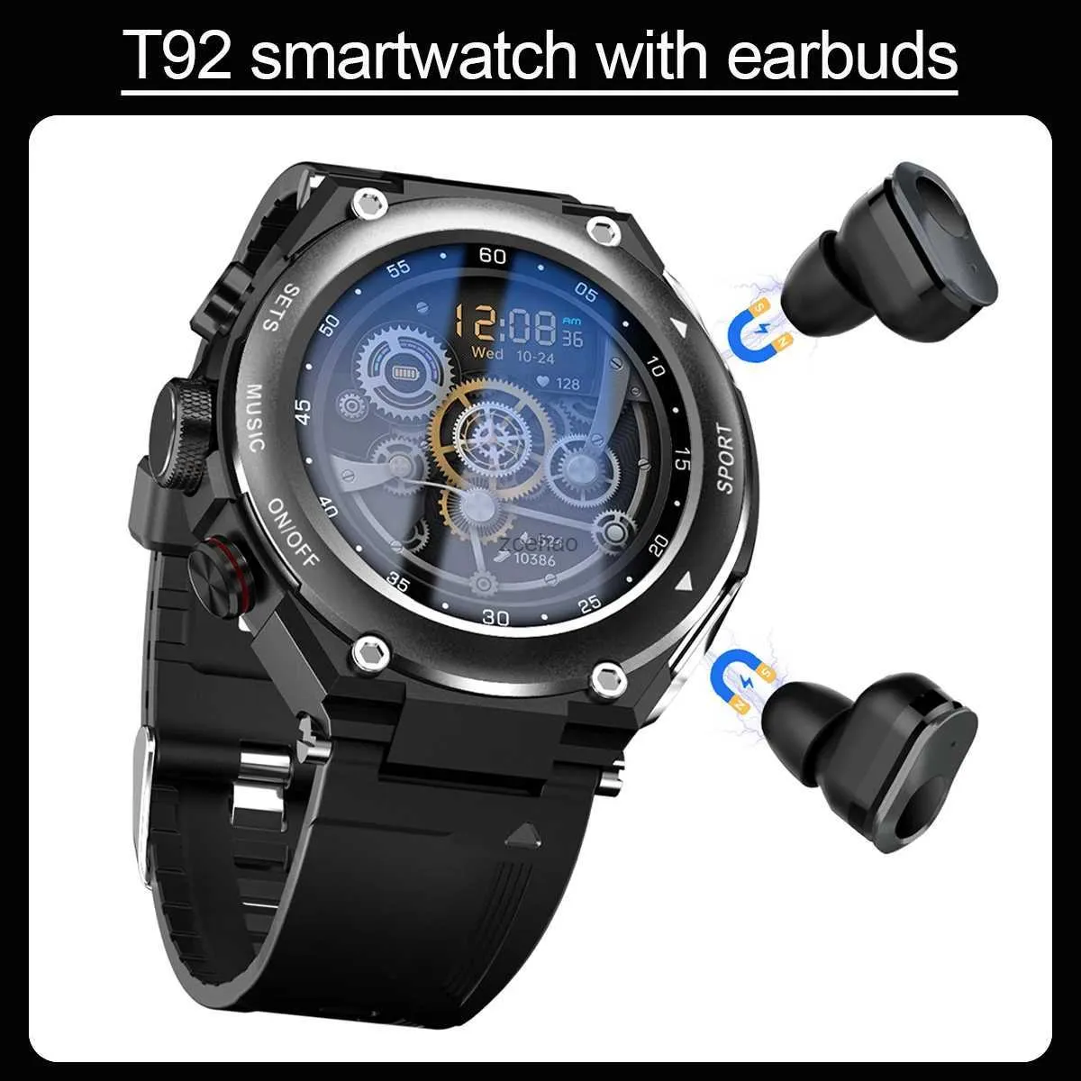 Smart Watches New T92 Smart Watch for Men Women with Bluetooth Earduds Inbyggda högtalar Fitness Tracker Heart Ret Monitor Sports Smartwatch