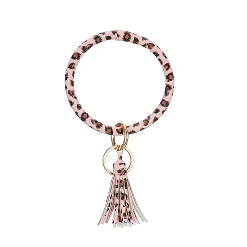 Cheapest Tassel Pendant Bracelet Key Chain Pu Leather Bracelets Wristlet Bangle Leopard Keychain Round Ring Charm Jewelry Car Keyring Holder