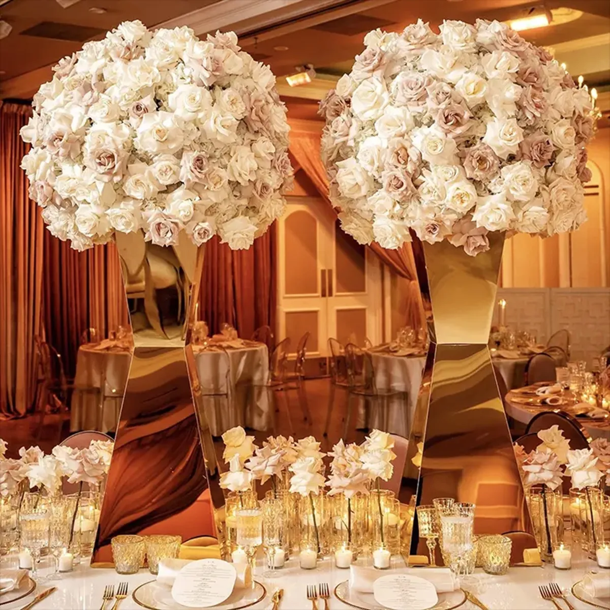 Unique wedding decoration ornaments home decoration gold big flower pots vase with gold mirror Gold Metal big tall Wedding Backdrop Stand