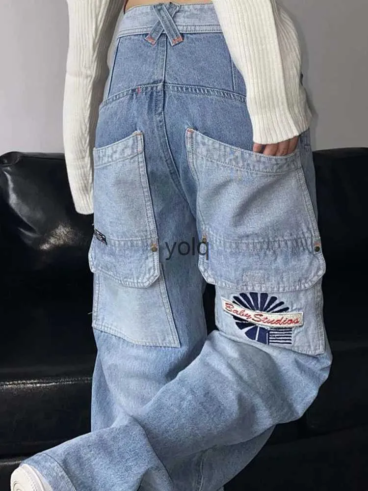 Jeans pour femmes Harajuku Vintage Cargo taille haute femmes Y2k Hip Hop Baggy jambe large Denim pantalon décontracté pantalon ample Streetwear pochesyolq