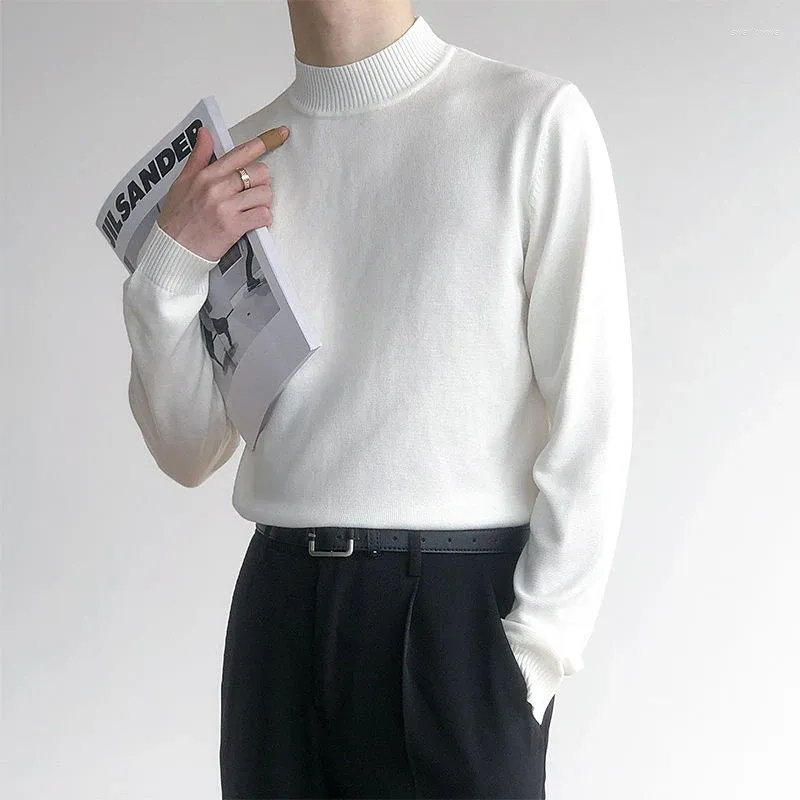 Herr t -skjortor retro turtleneck långärmad solid pullover 2024 vårens höst överdimensionerade inre slitskivor koreanska mode smal stickad tröja