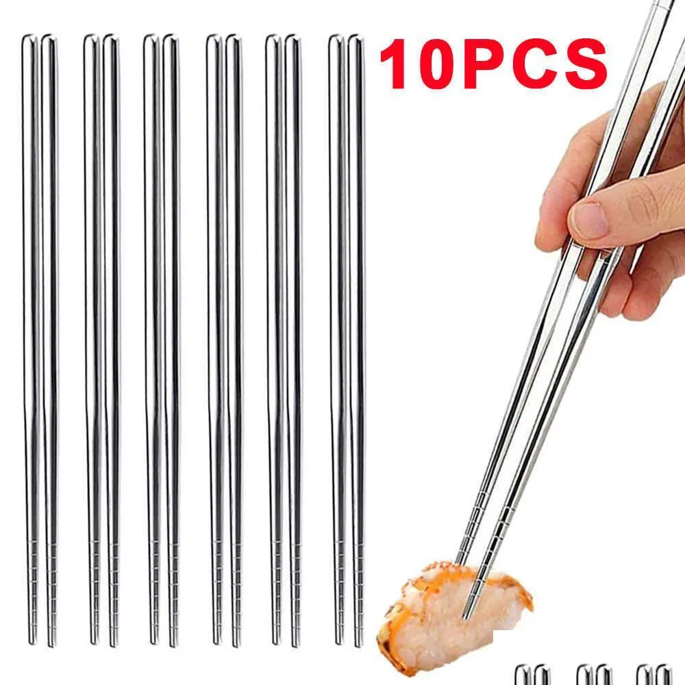 Chopsticks 5Pairs Stainless Steel Set Reusable Non-Slip Chinese For Sushi Food Household Kitchen Tableware Supplies Drop Delivery Ho Dhgzu