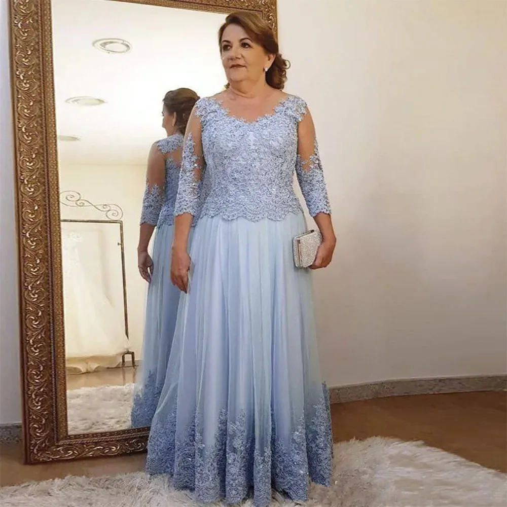 Abiti per la madre della sposa in pizzo azzurro taglie forti Abiti a trapezio maniche a 3/4 Tulle Applicazioni di pizzo con perline Lunghezza pavimento Abiti da cerimonia formali per la madre