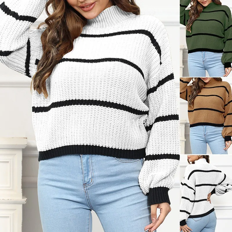 Women's Sweaters Fall Winter 2024 European And American Casual Striped Lantern Sleeves Half Turtleneck Knitted Sweater