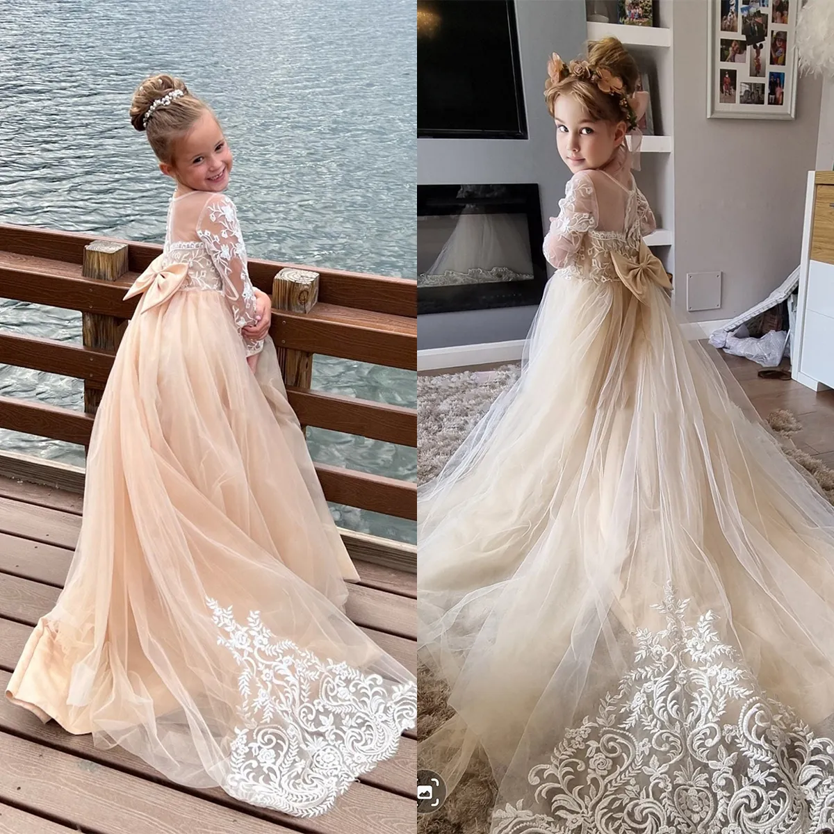 Flower Girl Dresses with Bow Lace Embroidery Communion Gown A Line Prince Dress
