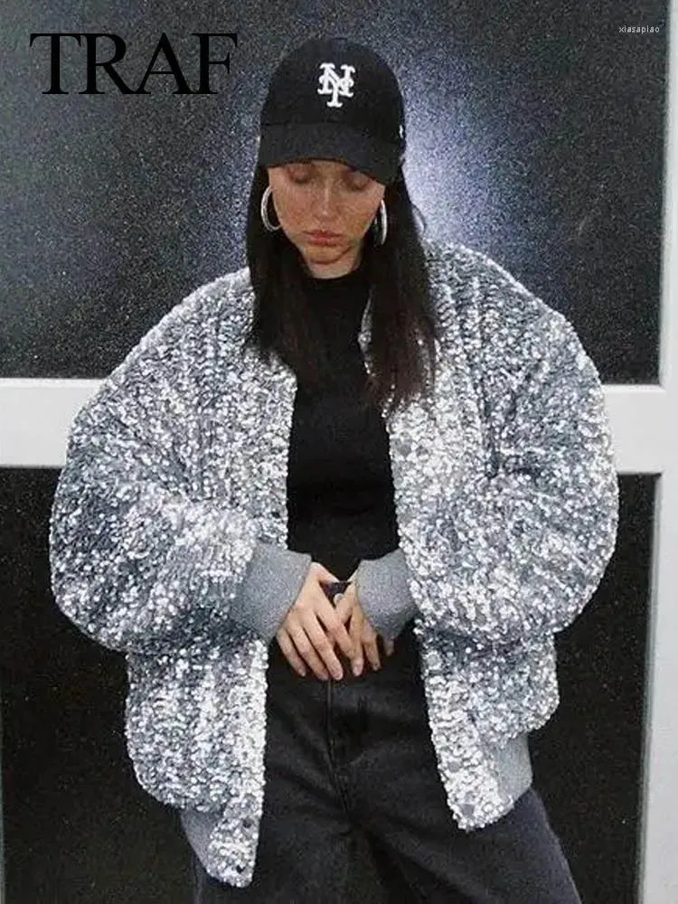 Chaquetas de mujer, chaqueta brillante con lentejuelas plateadas para mujer, abrigo holgado de manga larga con lentejuelas, ropa de calle brillante para primavera 2024