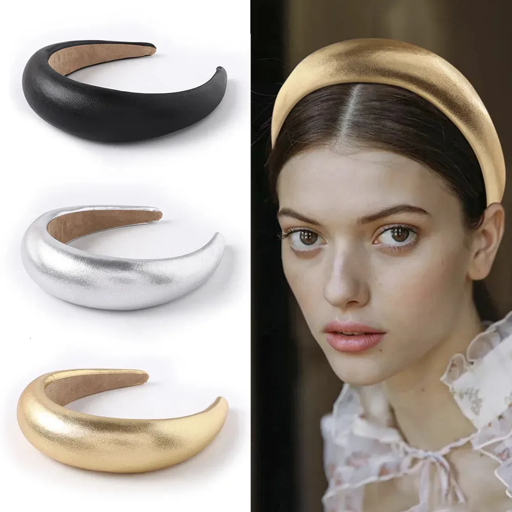 Padded Headband for Women Thick PU Sponge Hair Band Alice Band Hair Accessories Vintage Elastic Hairband Black Gold Silver