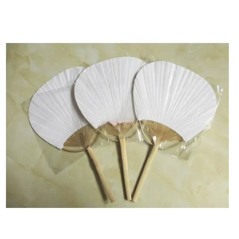 100 stks/partij Snelle Bezorging Witte Ronde Hand Fans met Bamboe Frame en Handvat Bruiloft Gunsten Geschenken Paddle Papier Fan BJ