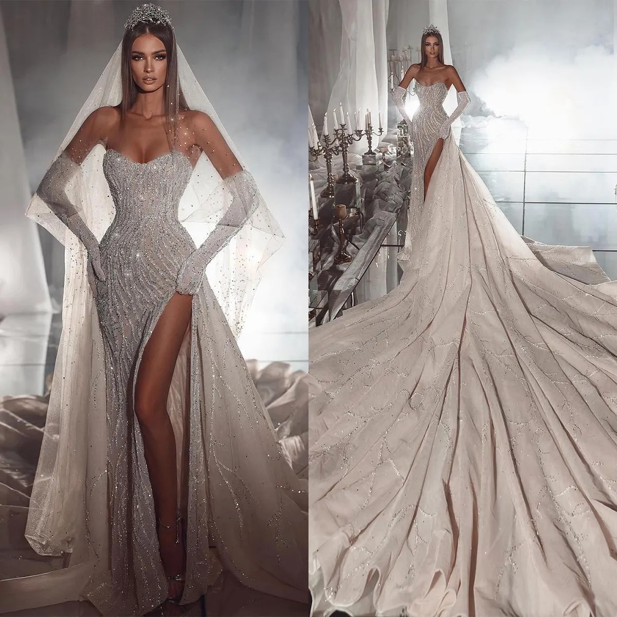 Elegante sem alças sereia vestido de casamento querida lantejoulas vestidos de noiva trem destacável lado split varredura vestidos de noiva