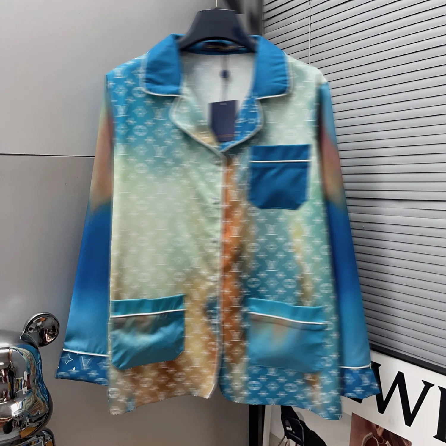 Designer Women's Sleepwear Full Printed Premium Celadon Blue Shirt Straight Pants Spring Homewear Suit for Men and Women PUGJ