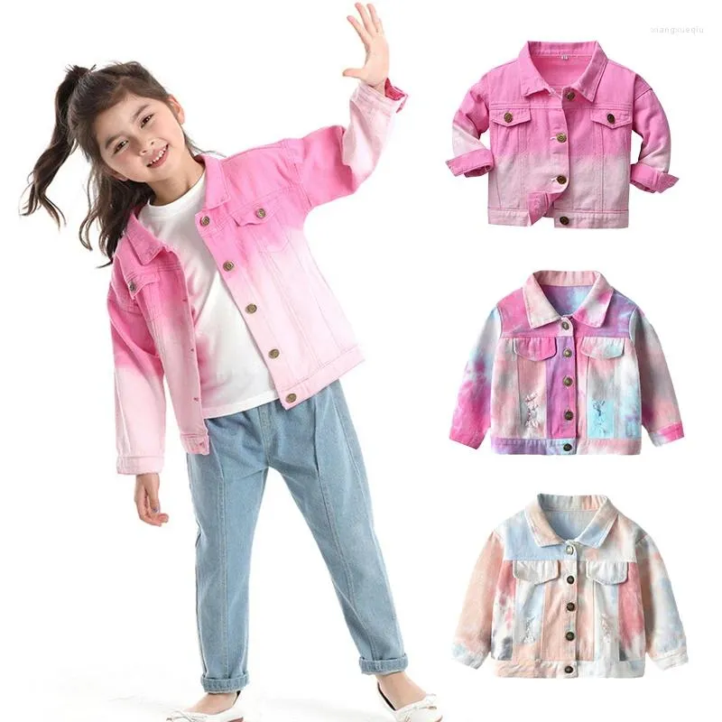 Jackor Spring Autumn Pink Girls Jean Jacket White Gradient Lång ärm denin för barn Ytterkläder Koreanska rockar Knapp Knapp