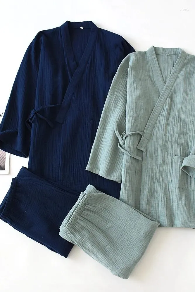 Roupas étnicas Primavera e Outono Pijamas Masculinos Puro Algodão Lavagem Casa Terno Completo Crepe Japonês Plus Size Kimono Melhorado Hanfu
