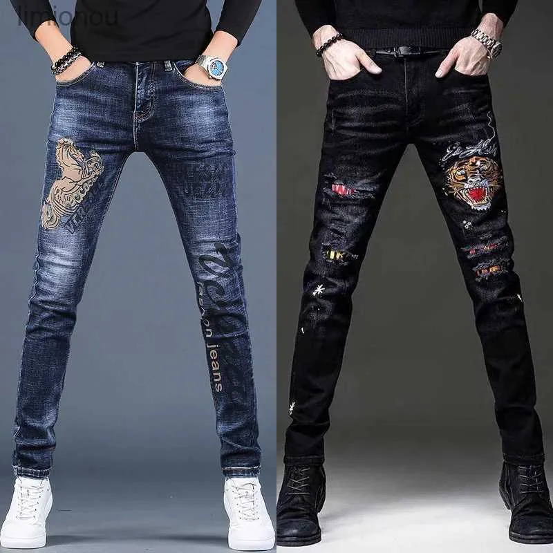 Calças de brim masculinas de alta qualidade dos homens fino ajuste estiramento calças jeans na moda impressão rua moda jeans arranhões sexy calças jeans casuais; l240119