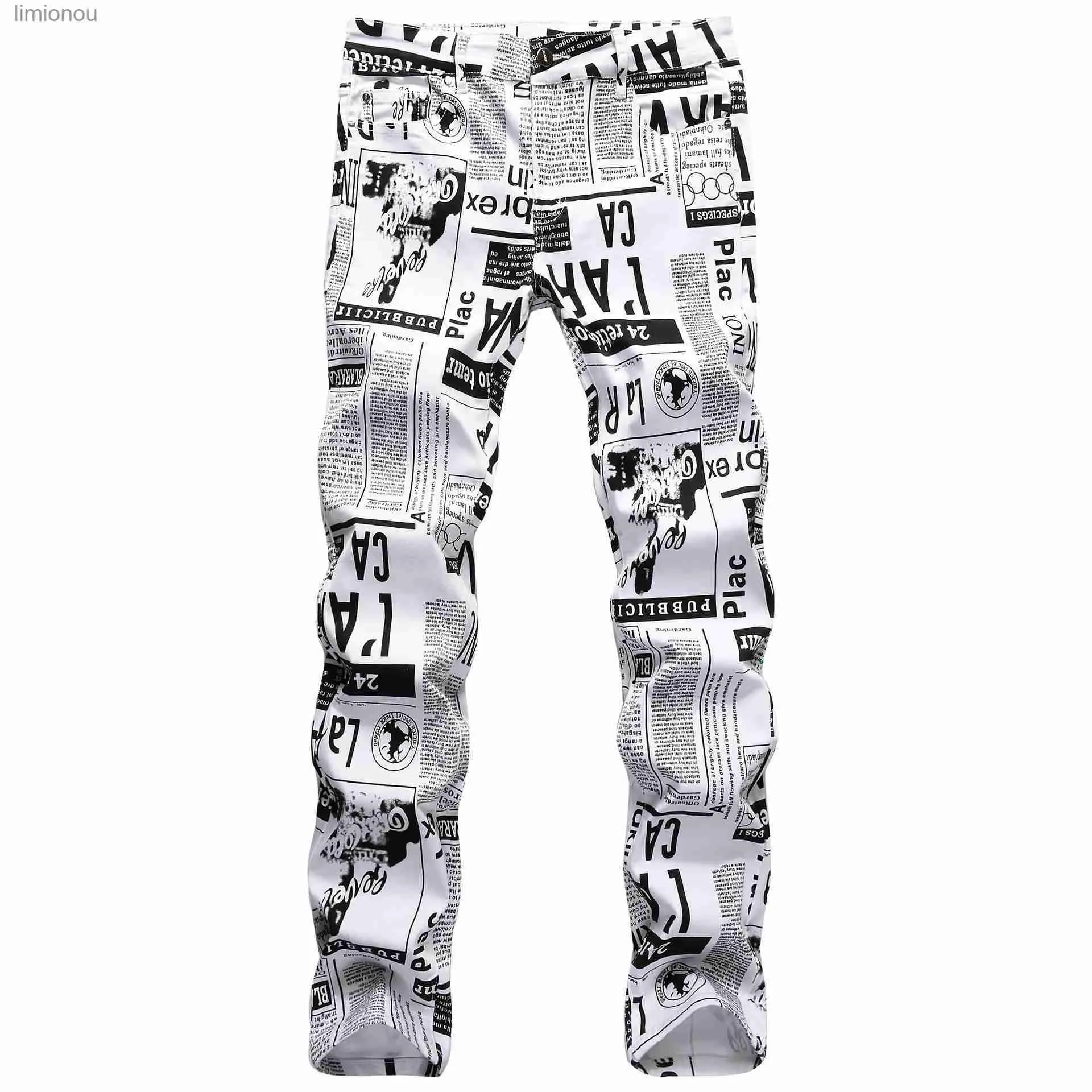 Calças de brim masculinas Mens emagrecimento stretch calças jeans de alta qualidade totalmente impressas jeans jornal hip-hop casual jeans moda de rua calças jeans homens; L240119