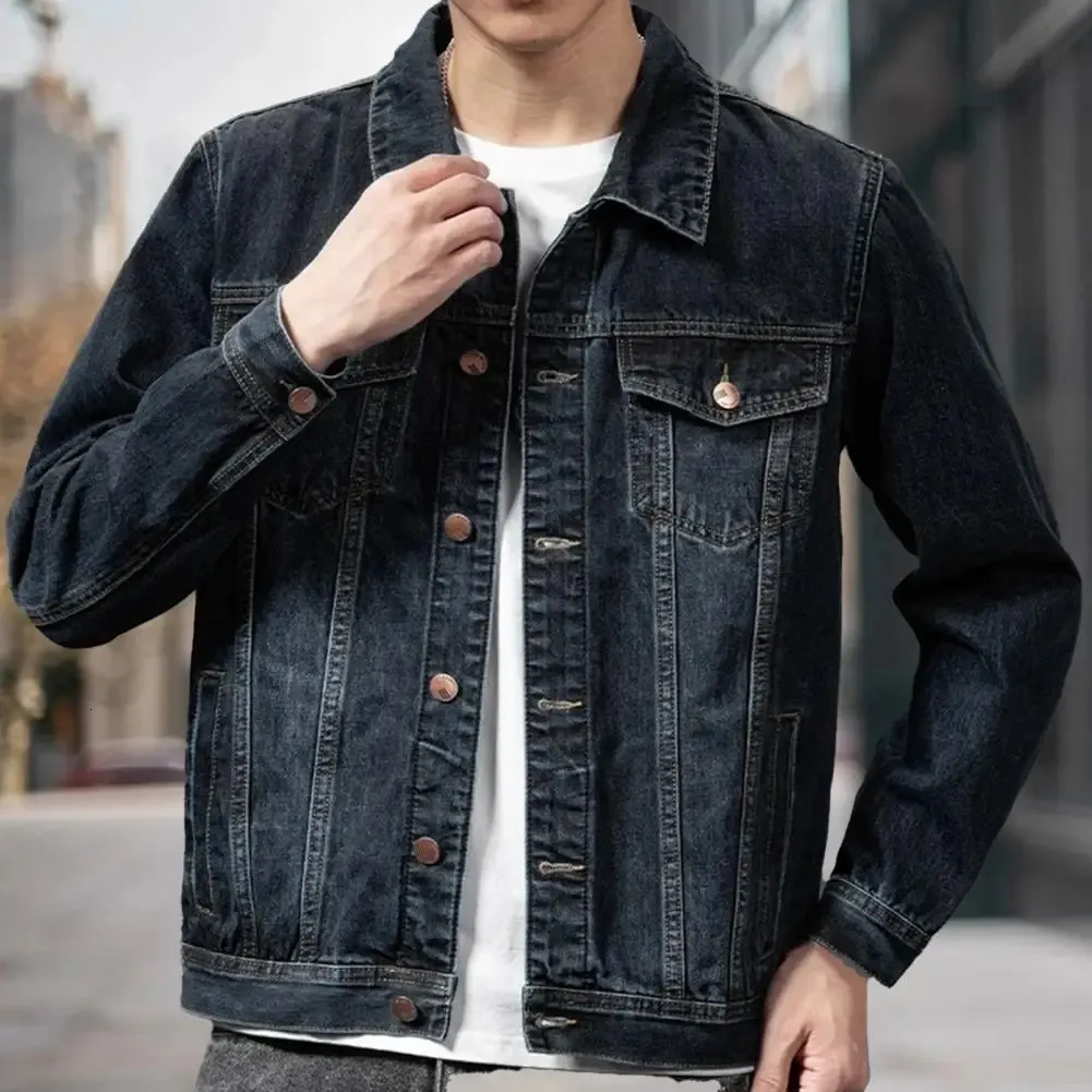 Single Breasted Coat Korean Style Mens Denim Jacket with Multi Pockets Singlebreasted Cardigan for Spring Fall Long Sleeves 240118