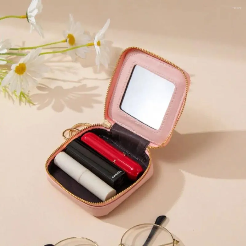 Bolsas de cosméticos Bolsa de lápiz labial de moda Cuero genuino con espejo Mini monedero Organizador Estuche de maquillaje para mujer