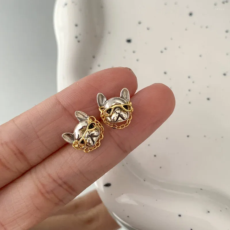 Stud Earrings Fashion Two Tone French Fighting Dog Chain Glasses For Women Charm Jewelry Gifts
