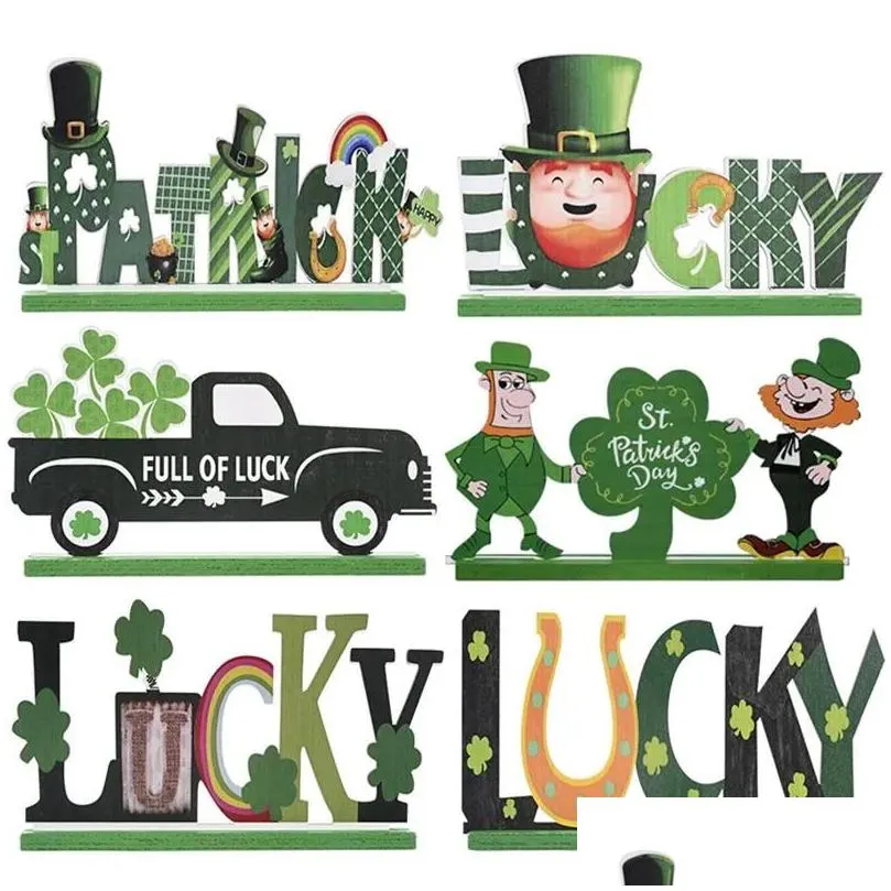 Other Festive Party Supplies St. Patricks Day Table Decoration Wooden Leprechaun Shamrock Sign Green Truck Home Dinner Ornaments 0 Dhwgy