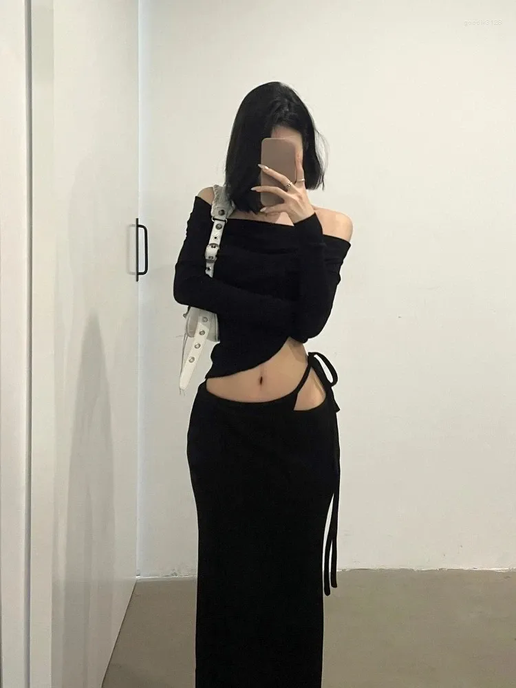 Work Dresses Sexy One Shoulder Knitted Long Sleeve T-shirt For Women High Waist Lace Up Slim Fit Bodycon Skirts Black Two Piece Sets