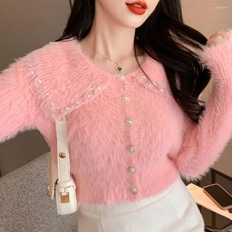 Malhas femininas outono doce rosa suéter diamante gola boneca de pelúcia jaqueta de veludo feminina moda elegante pérola fivela casaco curto cardigan