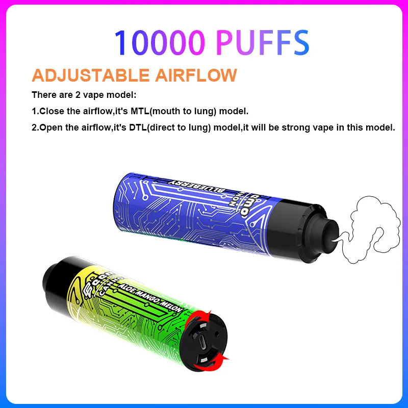 EU US Local Warehouse Disponible Vape Pen Big Cloud Device E Cigarett Puff 10000 Uppladdningsbar luftflöde Justerbar 18 ml Mesh -spole 0,5Ohm enhet Gratis frakt