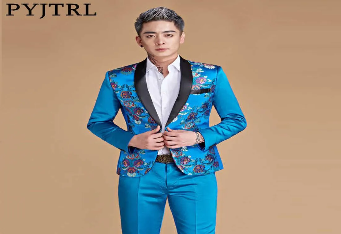 Pyjtrl Men Shawl Rapel Chinese stijl Royal Blue Gold Red Dragon Print Suits Nieuwste jas pant ontwerpen Stage zanger dragen kostuum X091579893