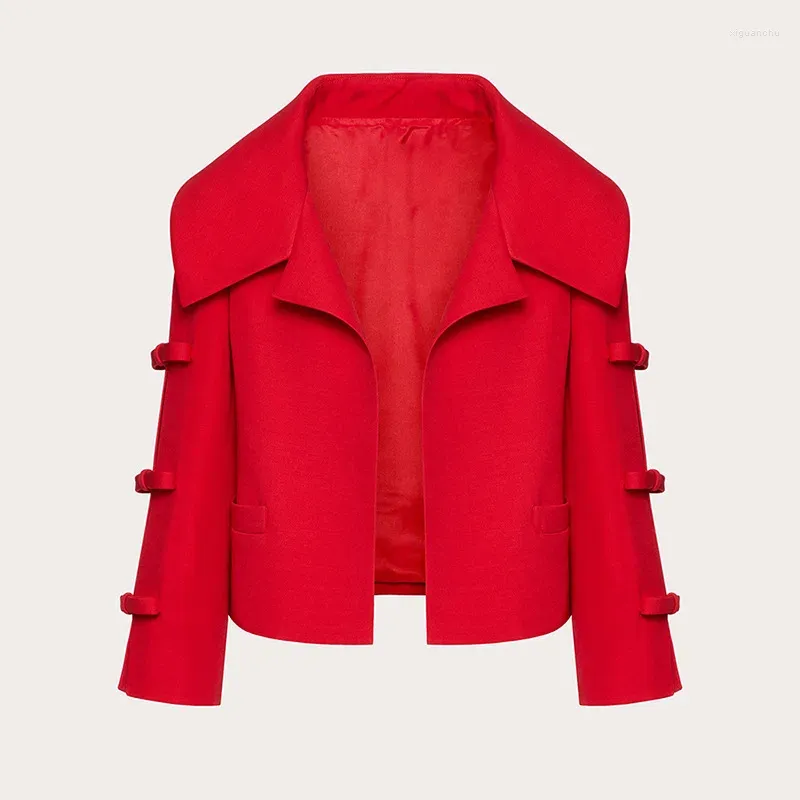 Women's Jackets Red 2024 Spring Designer Hollow Bow Split Three Quarter Sleeve Short Coat Cardigan Jacket For Woman Cropped Blazer