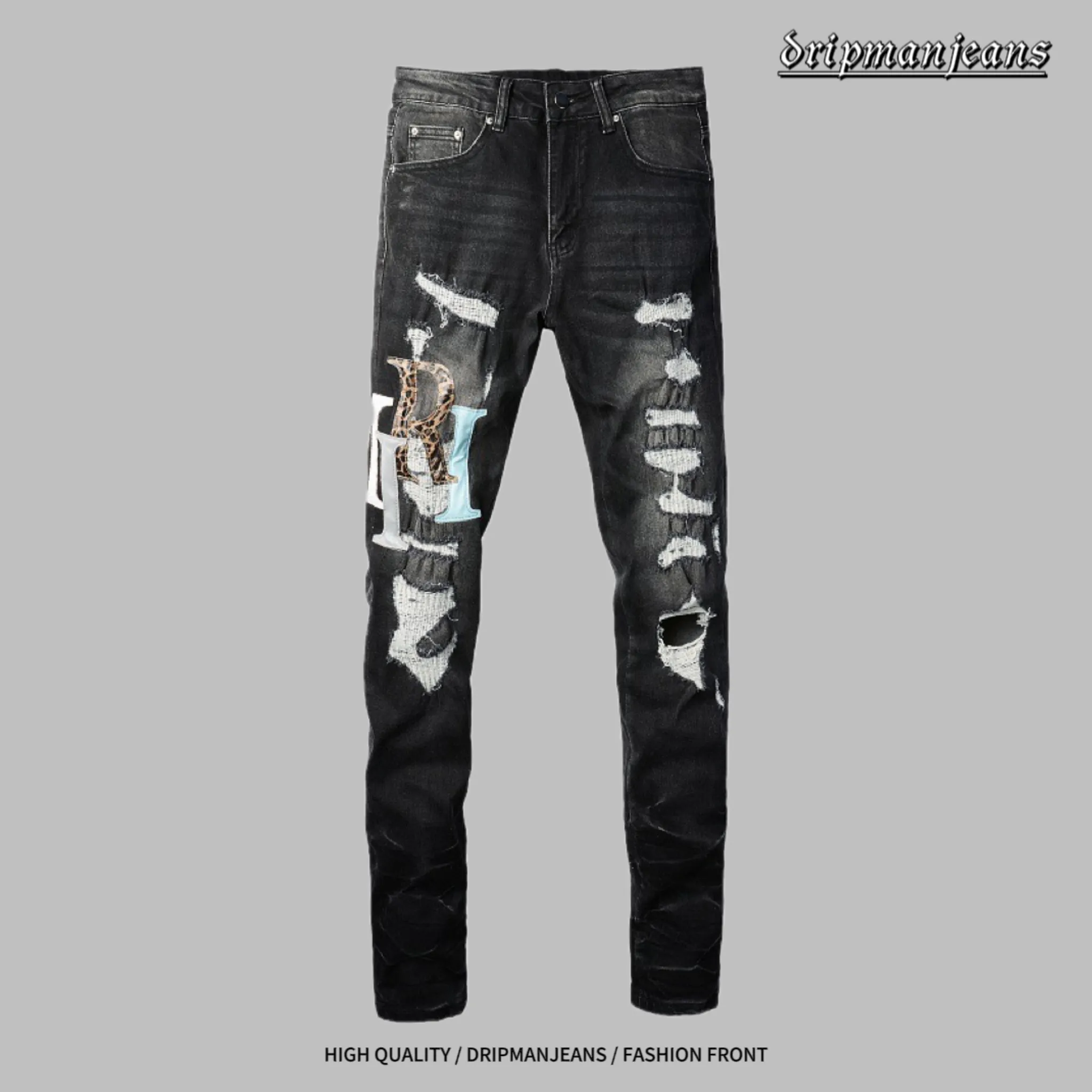 Calça jeans masculina tendência hip-hop de rua com logotipo de letras bordado, patchwork, corte de faca desgastante, visual vintage lavado com água, calça comprida elástica slim fit