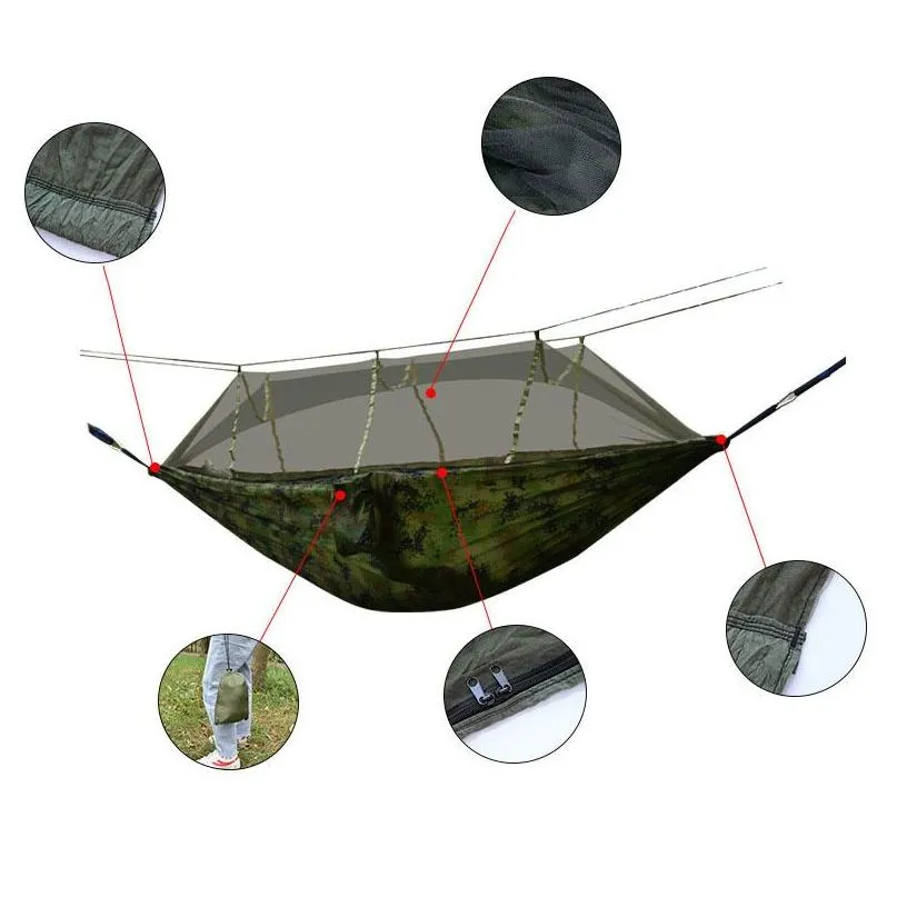 Hammocks Portable Outdoor Cam Hammock 1-2 Person Go Swing With Mosquito Net Hanging Bed Tralight Tourist Slee 230518 Drop Delivery Hom Dhizv