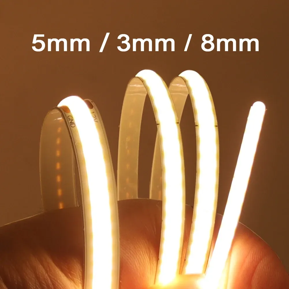 Bande lumineuse LED COB 5V 12V 24V 320 480 384 528, bande Flexible 5mm 3mm 8mm PCB blanc naturel chaud, lumières linéaires haute densité