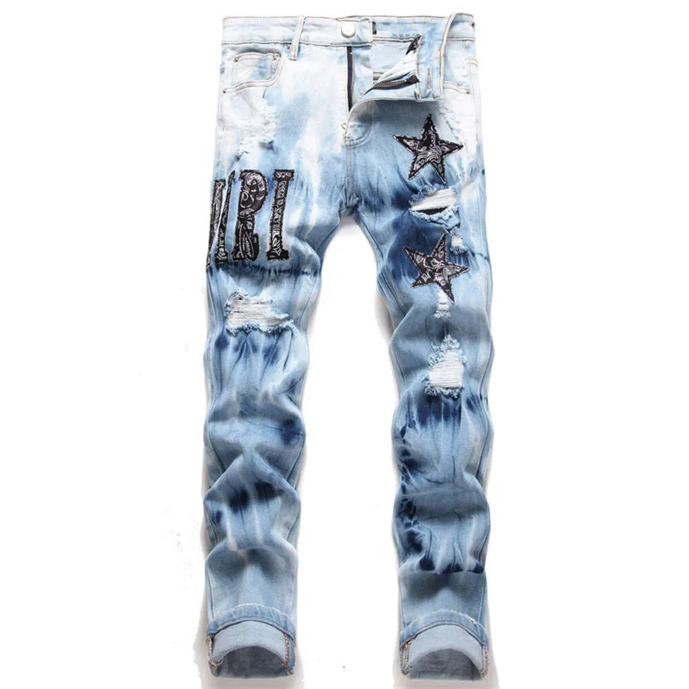 AM AM Office Trade Style Punk Retro Blue Hole Slim Fit Print Print Daled Feet Small Men's Jeans 3091