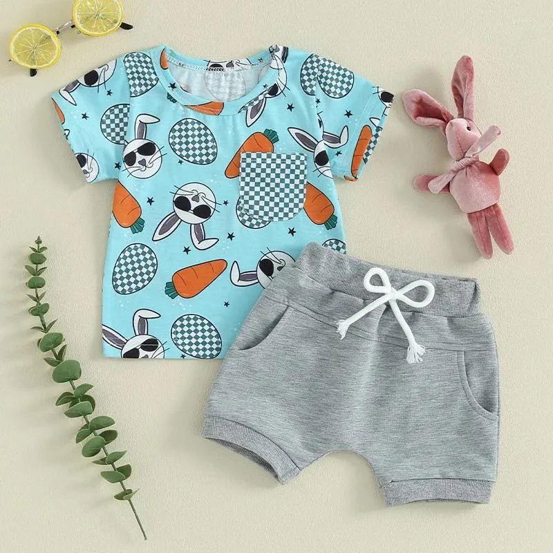 Kledingsets Toddler Baby Boy Easter Outfits Ronde Nek Wortel Korte mouw T-shirt Top en Drawtring Solid Color Shorts Set Summer