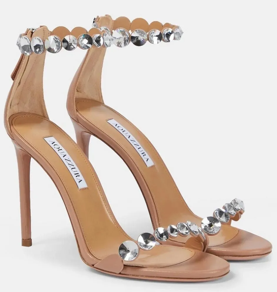 Summer Luxury Aquazzura Maxi-Tequila Sandals Shoes Women Crystals Adorning Ankle Strap Stiletto Heel Party Wedding Lady Walking EU35-43 With Box