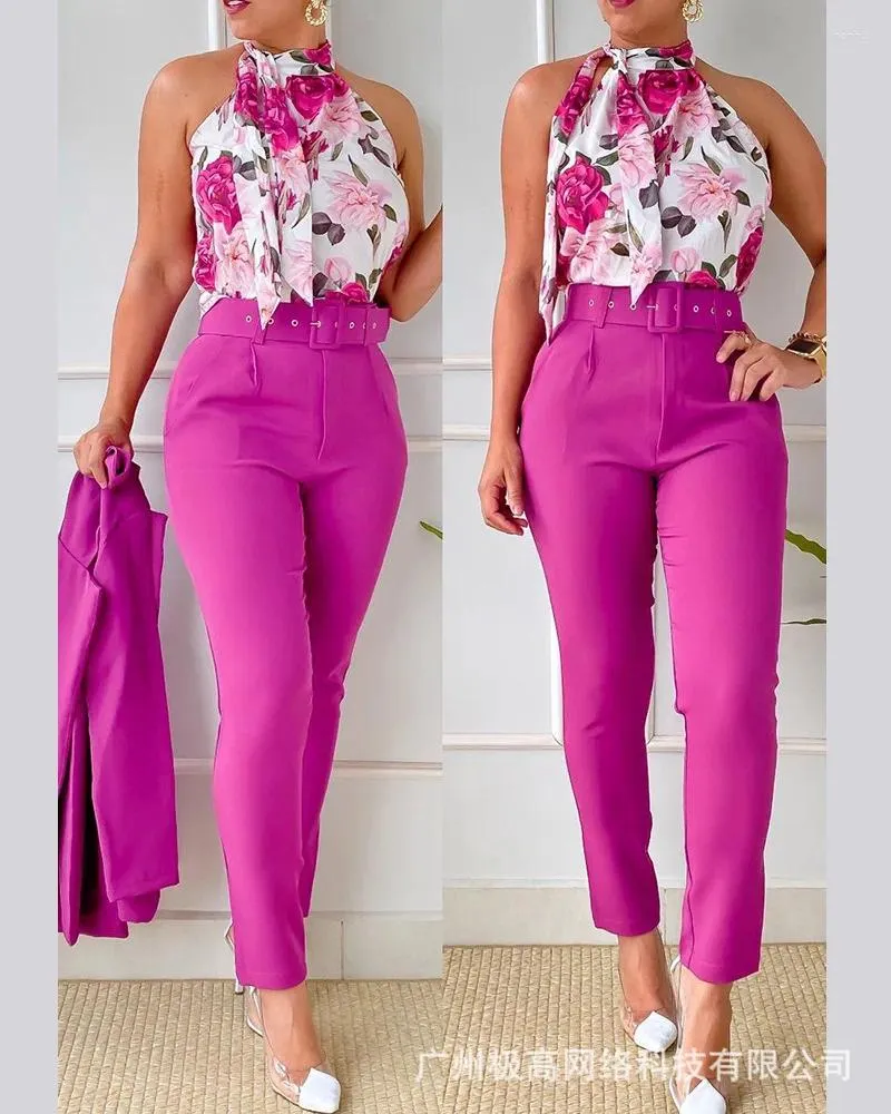 Pantalon de deux pièces pour femmes imprimé floral licou débardeur taille haute ensemble avec ceinture femmes 2 pièces vêtements costume sans manches camis débardeurs hauts longs