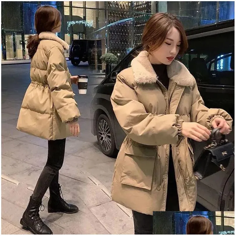 Womens Down Parkas Xpqbb Korean Fashion Women Winter Fur Collar Thick Warm Snow Wear Padded Parka Ladies Street Loose Long Cotton Coat Dhjyx