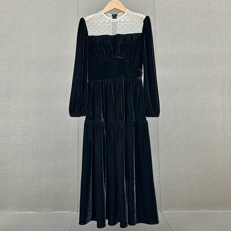 Designerska sukienka, ręcznie robiona Diamond High-end Velvet Lantern Sleeve Long szat