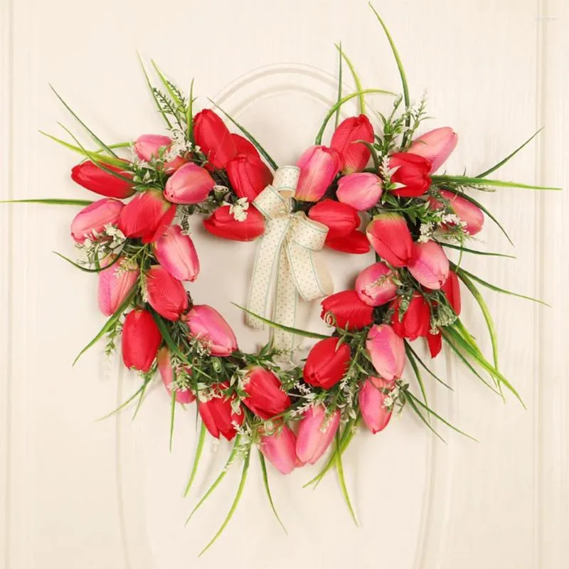 Decorative Flowers Artificial Tulip Flower Garland 40cm Wall Hanging Heart Wreath Simulation Valentine Day Decor